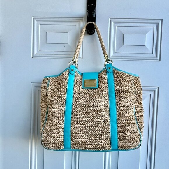 Talbots Woven Tote Bag 100% Paper Straw Leather Trim Gold Hardware Teal & Beige - Picture 4 of 12